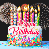A lively happy birthday animated GIF showcasing a colorful birthday cake covered in sprinkles, topped with glowing candles, and surrounded by vibrant fireworks. The name 'Jah' is featured in elegant script.