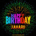 A colorful animated GIF featuring the text 'Happy Birthday Jahari!' in rainbow colors with a dynamic iridescent firework display in the background.