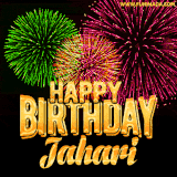 A captivating GIF with bursts of green, pink, and orange fireworks lighting up the night sky, accompanied by 'Happy Birthday Jahari' in glowing golden text.