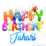 Animated GIF with colorful, festive 'Happy Birthday Jahari' text decorated with patterns, a party hat, and falling confetti. A vibrant and cheerful design for birthday celebrations.