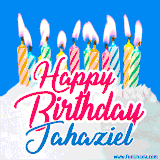 A cheerful animated GIF featuring colorful lit birthday candles on a white cake, with the text 'Happy Birthday Jahaziel' in bold red and blue script on a bright blue background.