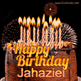 A rich chocolate cake topped with glowing birthday candles and surrounded by bright fireworks. The animated GIF displays the message 'Happy Birthday Jahaziel' in golden text.