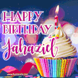 A festive animated GIF featuring a colorful cupcake with a single lit candle, sprinkles, and 'Happy Birthday Jahaziel' text against a sparkling, celebratory background.
