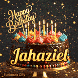 Close-up of a decorative chocolate cake with a gold Happy Birthday topper and warm glowing candle flames, made for Jahaziel.