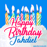 A cheerful animated GIF featuring colorful lit birthday candles on a white cake, with the text 'Happy Birthday Jahdiel' in bold red and blue script on a bright blue background.