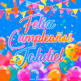 A vibrant animated GIF with 'Feliz Cumpleaños Jahdiel' written in colorful script, surrounded by balloons, confetti, and bunting on a bright blue background.