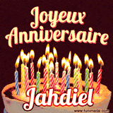 A Happy Birthday GIF in French featuring a festive birthday cake adorned with bright candles and the glowing text 'Joyeux Anniversaire Jahdiel' in a cheerful style.