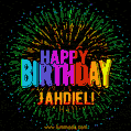 A colorful animated GIF featuring the text 'Happy Birthday Jahdiel!' in rainbow colors with a dynamic iridescent firework display in the background.