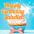 A cheerful animated GIF of a cupcake with creamy frosting, a red checkered ribbon, and a bright sparkler on top. The text 'Happy Birthday Jahdiel!' is displayed in vibrant orange and red.