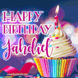 A festive animated GIF featuring a colorful cupcake with a single lit candle, sprinkles, and 'Happy Birthday Jahdiel' text against a sparkling, celebratory background.