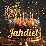 A customized birthday ecard for Jahdiel displaying a rich chocolate cake with a sparkly dark background.
