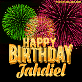 A captivating GIF with bursts of green, pink, and orange fireworks lighting up the night sky, accompanied by 'Happy Birthday Jahdiel' in glowing golden text.