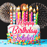 A lively happy birthday animated GIF showcasing a colorful birthday cake covered in sprinkles, topped with glowing candles, and surrounded by vibrant fireworks. The name 'Jahdiel' is featured in elegant script.
