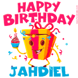 A funny animated birthday GIF with the words 'Happy Birthday Jahdiela', colorful gift box with arms and legs, holding a cupcake with a lit candle  with confetti everywhere.