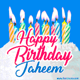 A cheerful animated GIF featuring colorful lit birthday candles on a white cake, with the text 'Happy Birthday Jaheem' in bold red and blue script on a bright blue background.