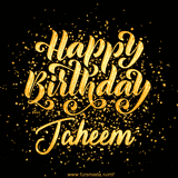 Animated GIF with colorful, festive 'Happy Birthday Jaheem' text decorated with patterns, a party hat, and falling confetti. A vibrant and cheerful design for birthday celebrations.