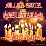 An animated GIF featuring 'Alles Gute Zum Geburtstag Jaheem' in glowing red and gold letters above a cake with colorful lit candles, set against a festive sparkling background.
