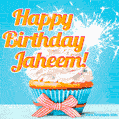 A cheerful animated GIF of a cupcake with creamy frosting, a red checkered ribbon, and a bright sparkler on top. The text 'Happy Birthday Jaheem!' is displayed in vibrant orange and red.