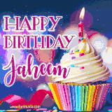 A festive animated GIF featuring a colorful cupcake with a single lit candle, sprinkles, and 'Happy Birthday Jaheem' text against a sparkling, celebratory background.