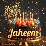 Bold golden lettering spelling Jaheem on a gourmet chocolate cake decorated with small colorful candies at the base.