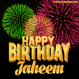 A captivating GIF with bursts of green, pink, and orange fireworks lighting up the night sky, accompanied by 'Happy Birthday Jaheem' in glowing golden text.