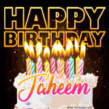 A vibrant animated GIF featuring a delicious birthday cake topped with glowing candles and the name 'Jaheem' in elegant script, and the words 'Happy Birthday' on the black background.