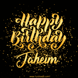 Animated GIF with colorful, festive 'Happy Birthday Jaheim' text decorated with patterns, a party hat, and falling confetti. A vibrant and cheerful design for birthday celebrations.