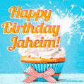 A cheerful animated GIF of a cupcake with creamy frosting, a red checkered ribbon, and a bright sparkler on top. The text 'Happy Birthday Jaheim!' is displayed in vibrant orange and red.