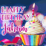 A festive animated GIF featuring a colorful cupcake with a single lit candle, sprinkles, and 'Happy Birthday Jaheim' text against a sparkling, celebratory background.