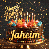 Shimmering animated card featuring a detailed chocolate cake and the name Jaheim for his birthday celebration.