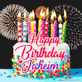 A lively happy birthday animated GIF showcasing a colorful birthday cake covered in sprinkles, topped with glowing candles, and surrounded by vibrant fireworks. The name 'Jaheim' is featured in elegant script.