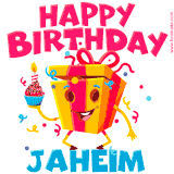 A funny animated birthday GIF with the words 'Happy Birthday Jaheima', colorful gift box with arms and legs, holding a cupcake with a lit candle  with confetti everywhere.