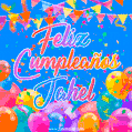 A vibrant animated GIF with 'Feliz Cumpleaños Jahel' written in colorful script, surrounded by balloons, confetti, and bunting on a bright blue background.