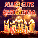 An animated GIF featuring 'Alles Gute Zum Geburtstag Jahel' in glowing red and gold letters above a cake with colorful lit candles, set against a festive sparkling background.