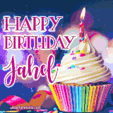 A festive animated GIF featuring a colorful cupcake with a single lit candle, sprinkles, and 'Happy Birthday Jahel' text against a sparkling, celebratory background.