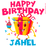 A funny animated birthday GIF with the words 'Happy Birthday Jahela', colorful gift box with arms and legs, holding a cupcake with a lit candle  with confetti everywhere.