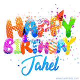 Animated GIF with colorful, festive 'Happy Birthday Jahel' text decorated with patterns, a party hat, and falling confetti. A vibrant and cheerful design for birthday celebrations.