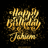 Animated GIF with colorful, festive 'Happy Birthday Jahiem' text decorated with patterns, a party hat, and falling confetti. A vibrant and cheerful design for birthday celebrations.