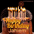 A rich chocolate cake topped with glowing birthday candles and surrounded by bright fireworks. The animated GIF displays the message 'Happy Birthday Jahiem' in golden text.