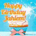 A cheerful animated GIF of a cupcake with creamy frosting, a red checkered ribbon, and a bright sparkler on top. The text 'Happy Birthday Jahiem!' is displayed in vibrant orange and red.