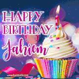 A festive animated GIF featuring a colorful cupcake with a single lit candle, sprinkles, and 'Happy Birthday Jahiem' text against a sparkling, celebratory background.