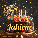 A rich chocolate frosted cake on a gold stand with glowing yellow candles, personalized with the name Jahiem.