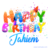 Animated GIF with colorful, festive 'Happy Birthday Jahiem' text decorated with patterns, a party hat, and falling confetti. A vibrant and cheerful design for birthday celebrations.