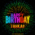 A colorful animated GIF featuring the text 'Happy Birthday Jahkai!' in rainbow colors with a dynamic iridescent firework display in the background.