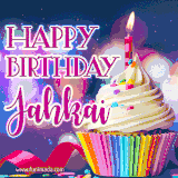 A festive animated GIF featuring a colorful cupcake with a single lit candle, sprinkles, and 'Happy Birthday Jahkai' text against a sparkling, celebratory background.