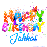 Animated GIF with colorful, festive 'Happy Birthday Jahkai' text decorated with patterns, a party hat, and falling confetti. A vibrant and cheerful design for birthday celebrations.