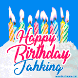 A cheerful animated GIF featuring colorful lit birthday candles on a white cake, with the text 'Happy Birthday Jahking' in bold red and blue script on a bright blue background.