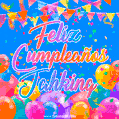 A vibrant animated GIF with 'Feliz Cumpleaños Jahking' written in colorful script, surrounded by balloons, confetti, and bunting on a bright blue background.