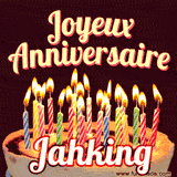 A Happy Birthday GIF in French featuring a festive birthday cake adorned with bright candles and the glowing text 'Joyeux Anniversaire Jahking' in a cheerful style.