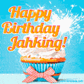 A cheerful animated GIF of a cupcake with creamy frosting, a red checkered ribbon, and a bright sparkler on top. The text 'Happy Birthday Jahking!' is displayed in vibrant orange and red.